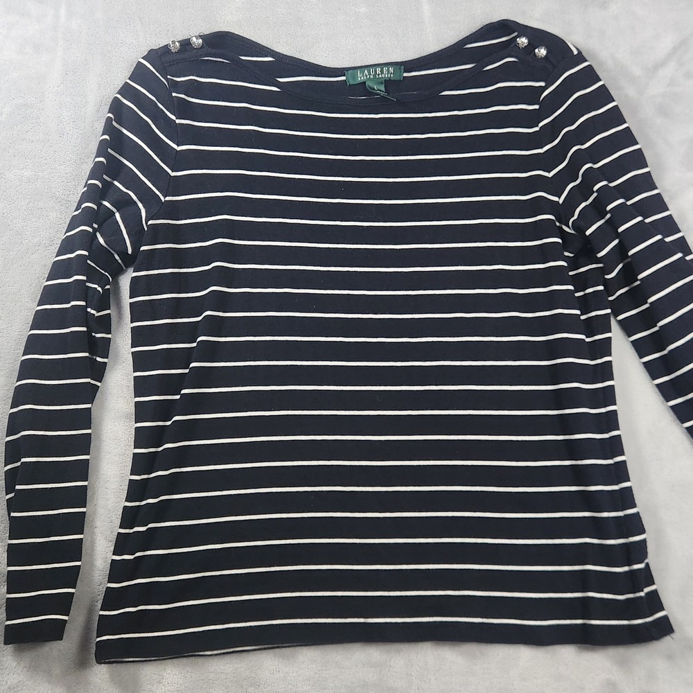 Lauren Ralph Lauren Striped Long Sleeve Top Womens L Black White Button Shoulder